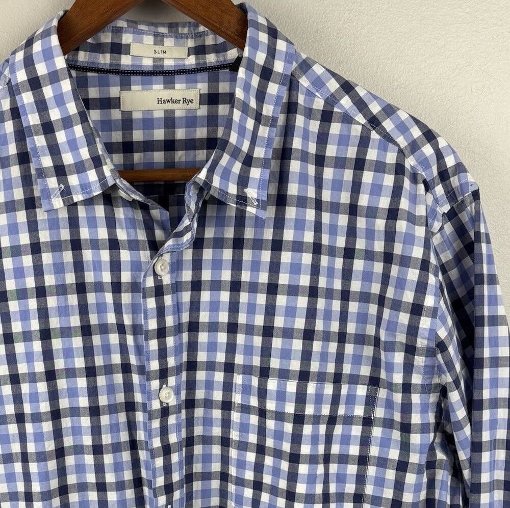 Hawker Rye Slim Fit Dress Shirt Men XL Dark Blue Plaid Button Down Crisp Cotton